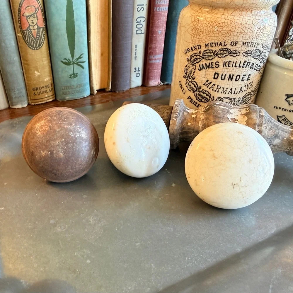 Set of 3 Antique Porcelain and Brass Door Knobs